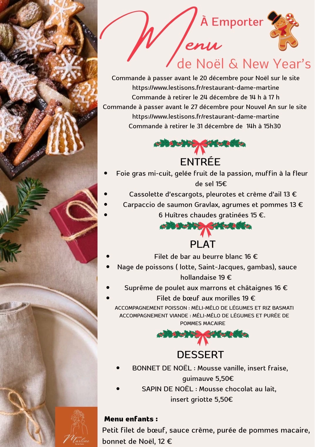 Menu de Noël 2025 à emporter - Dame Martine